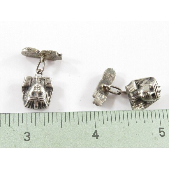 Art Deco King Tut Egyptian Revival 900 Silver Cufflink Set with Chain Linked Mum - Picture 8 of 8